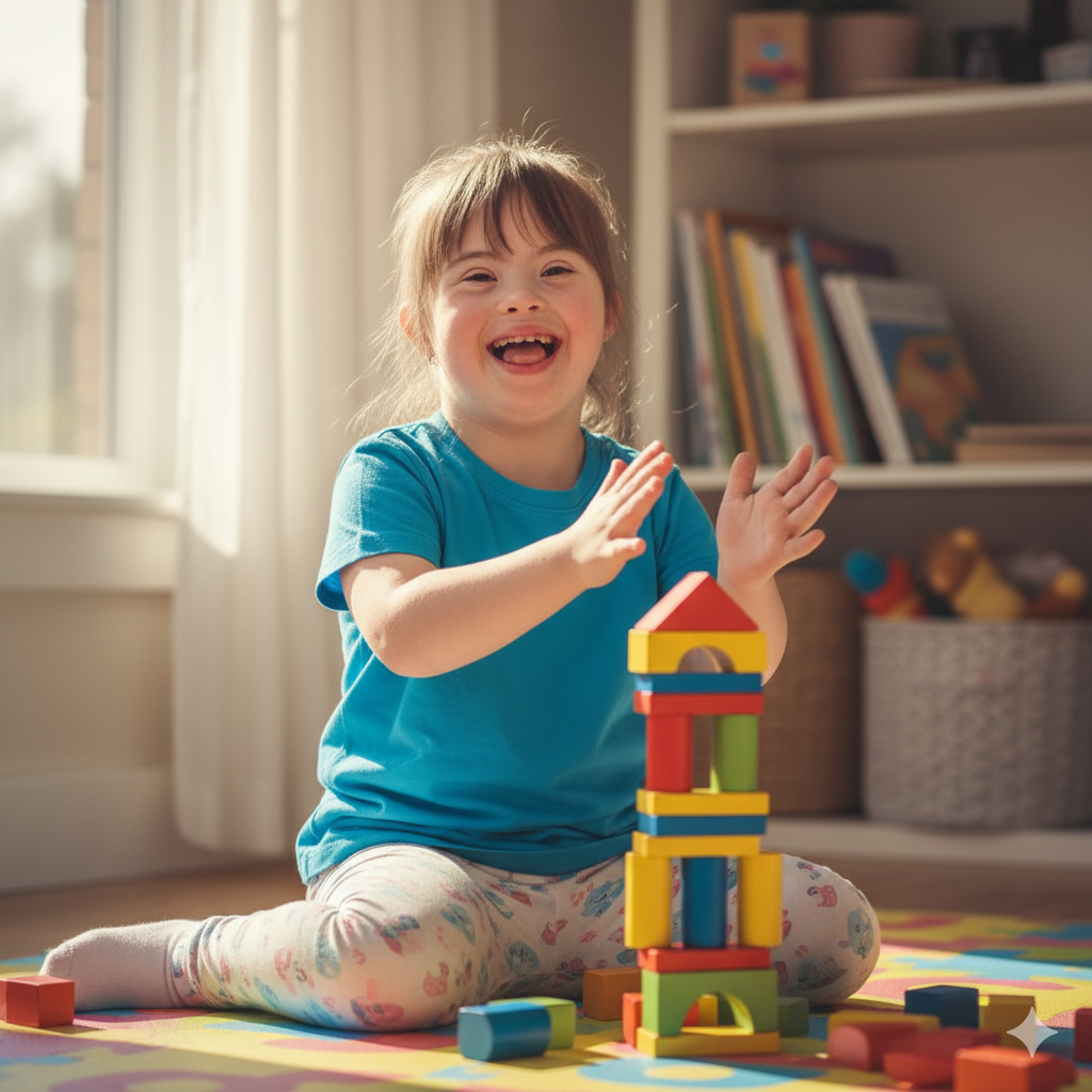 A child with Down Syndrome smiling and playing