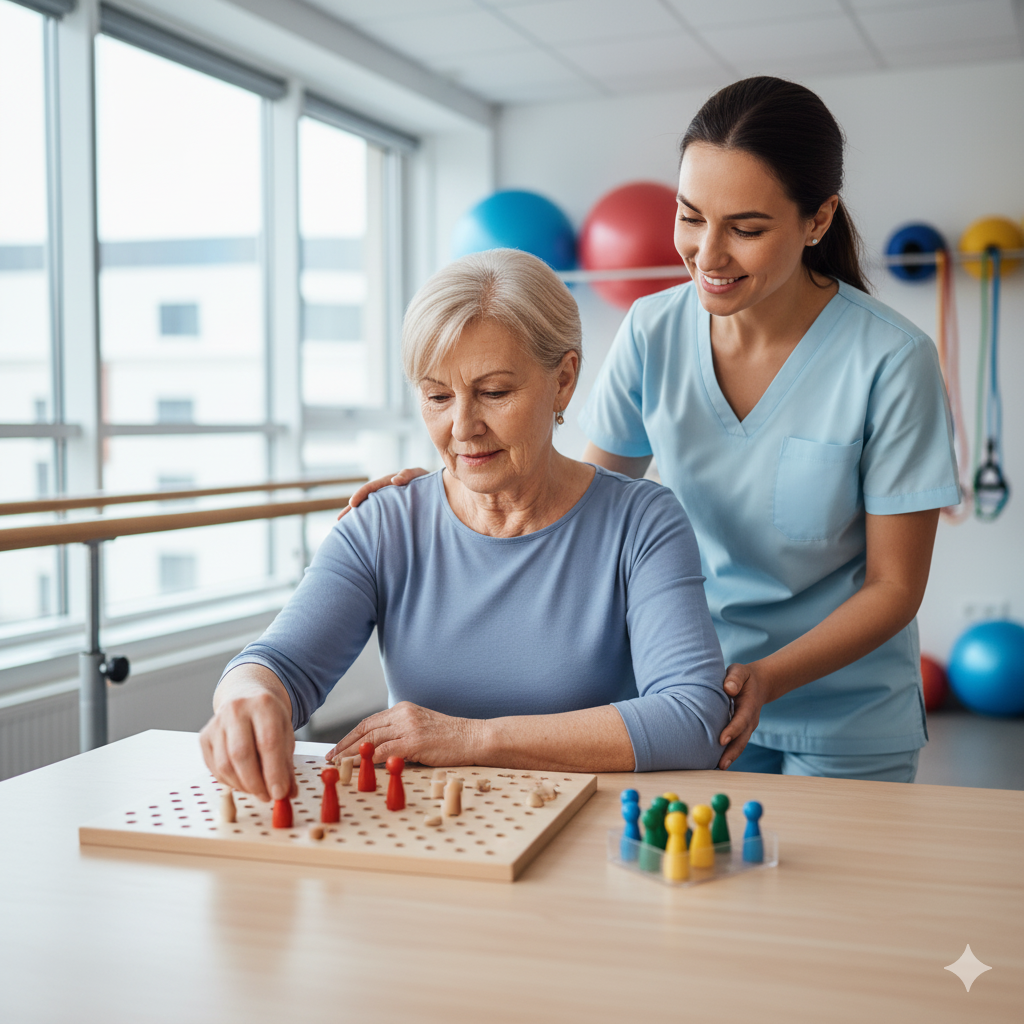 A therapist working with an adult patient on hand-eye coordination